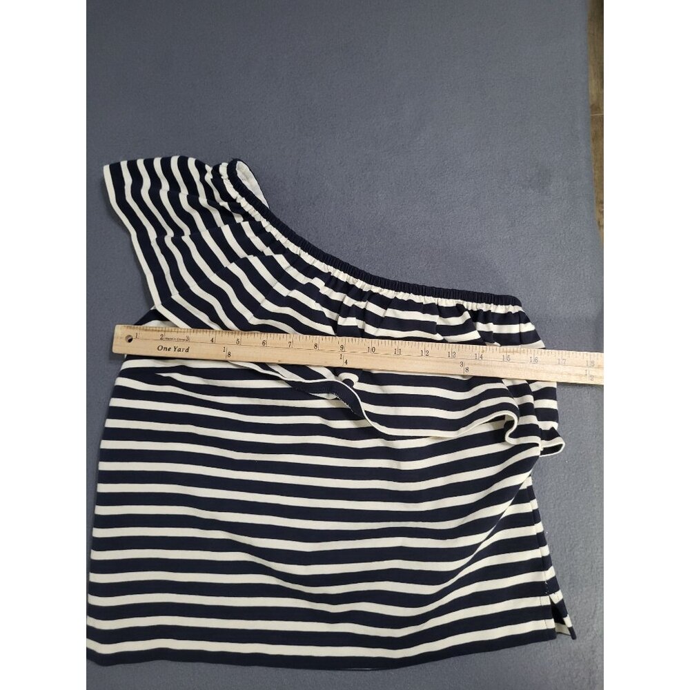 J. Crew One Shoulder Striped Ruffle Top Navy Cream SZ XS Preppy Cotton Classic - Picture 4 of 10